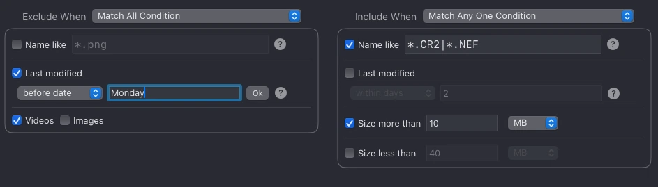 File Selection Filters of Mass Image Compressor on Mac application