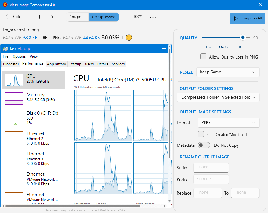 This image shows Lossless PNG Compression in MIC: 30% Compression of Task Manager screenshot taken from Windows' default Snipping Tool