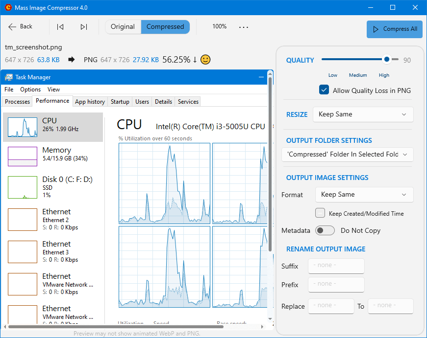 This image shows lossy PNG Compression in MIC: 56% Compression of Task Manager screenshot taken from Windows' default Snipping Tool