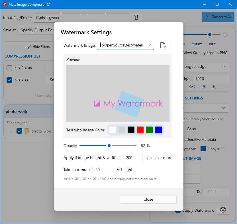 Screenshot of Mass Image Compressor (Windows) with Watermark Settings.