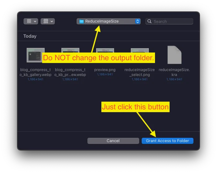Popup to Grant Access to Folder when MIC (on Mac) doesn't have access to the output location. User should just hit the "Grant Access to Folder" button and not change output folder.