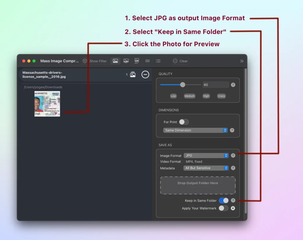 Screenshot of Mass Image Compressor with target image thumbnail shown in gallery view. Instructions on recommended settings overlayed on screenshots.